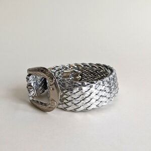 Silver Braided Faux Leather Belt Lightweight Floral Scroll Thin Buckle